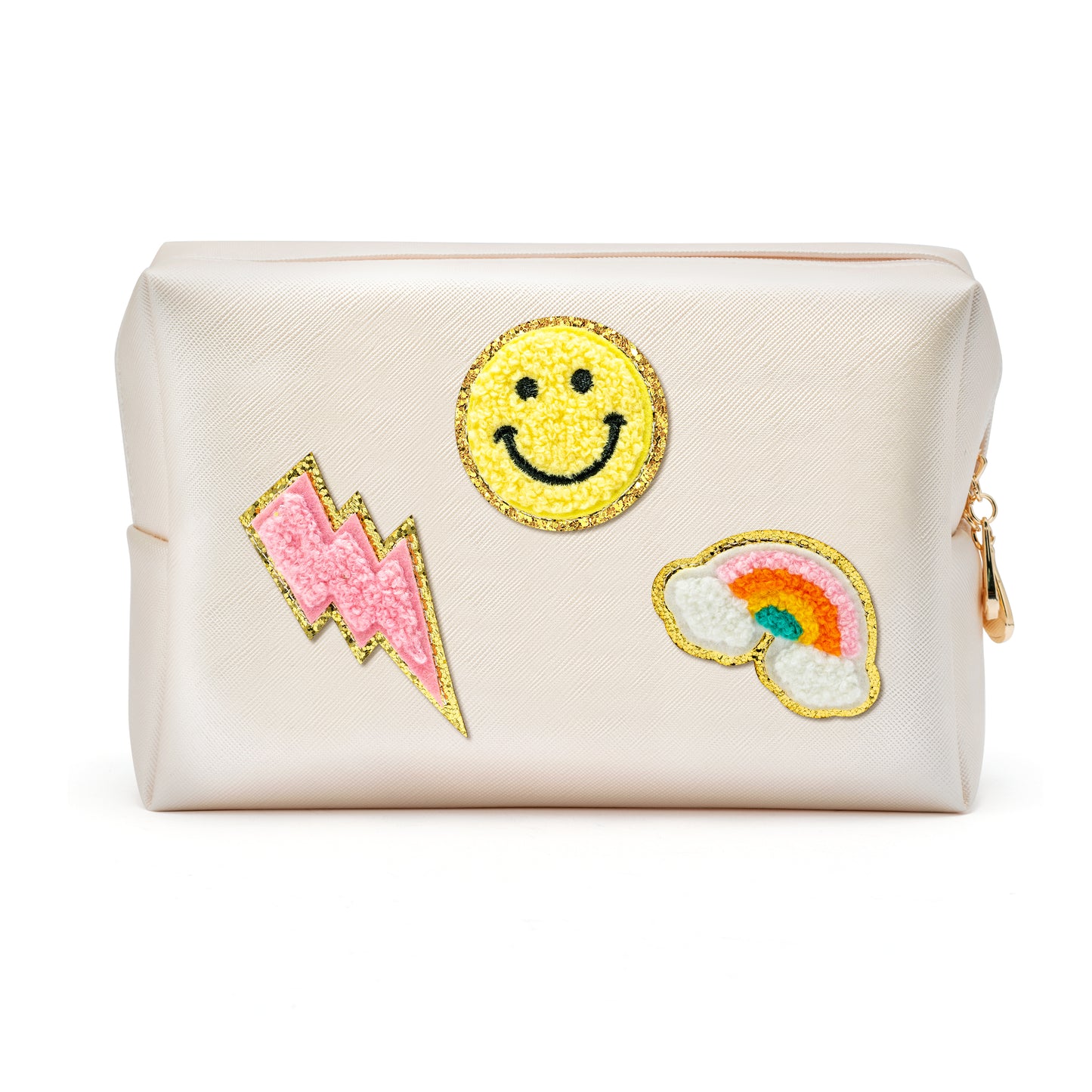 LieToi Preppy Patch Cosmetic Toiletry Bag, PU Leather Portable Waterproof Makeup Bag Smile Lightning Rainbow Organizer Compliant Bag Daily Travel Use Storage Purse for Women Girls (Large, Shell White)