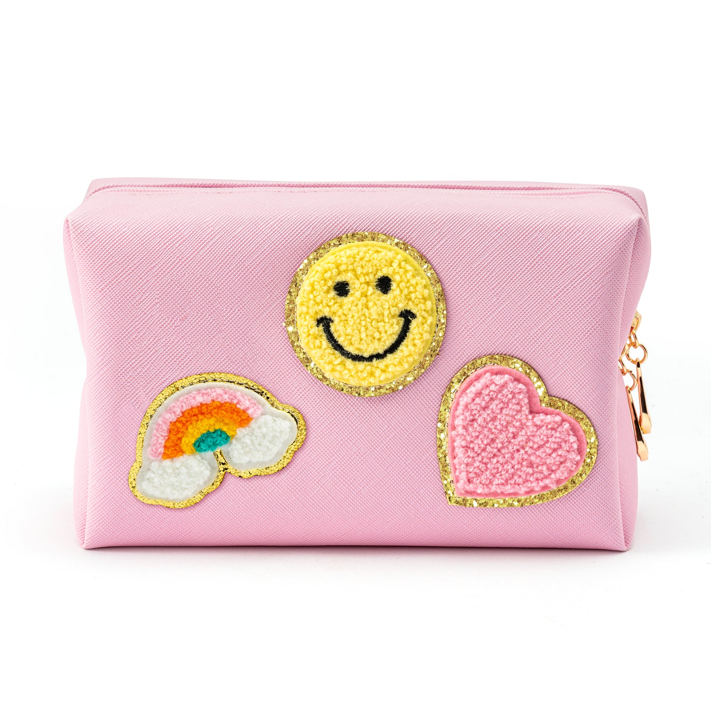 LieToi Preppy Patch Small Toiletry Bag, Smile Rainbow Heart PU Leather Portable Waterproof Makeup Cosmetic Bag Daily Use Storage Purse Travel Organizer Compliant Bag for Women Girls (Light Pink)