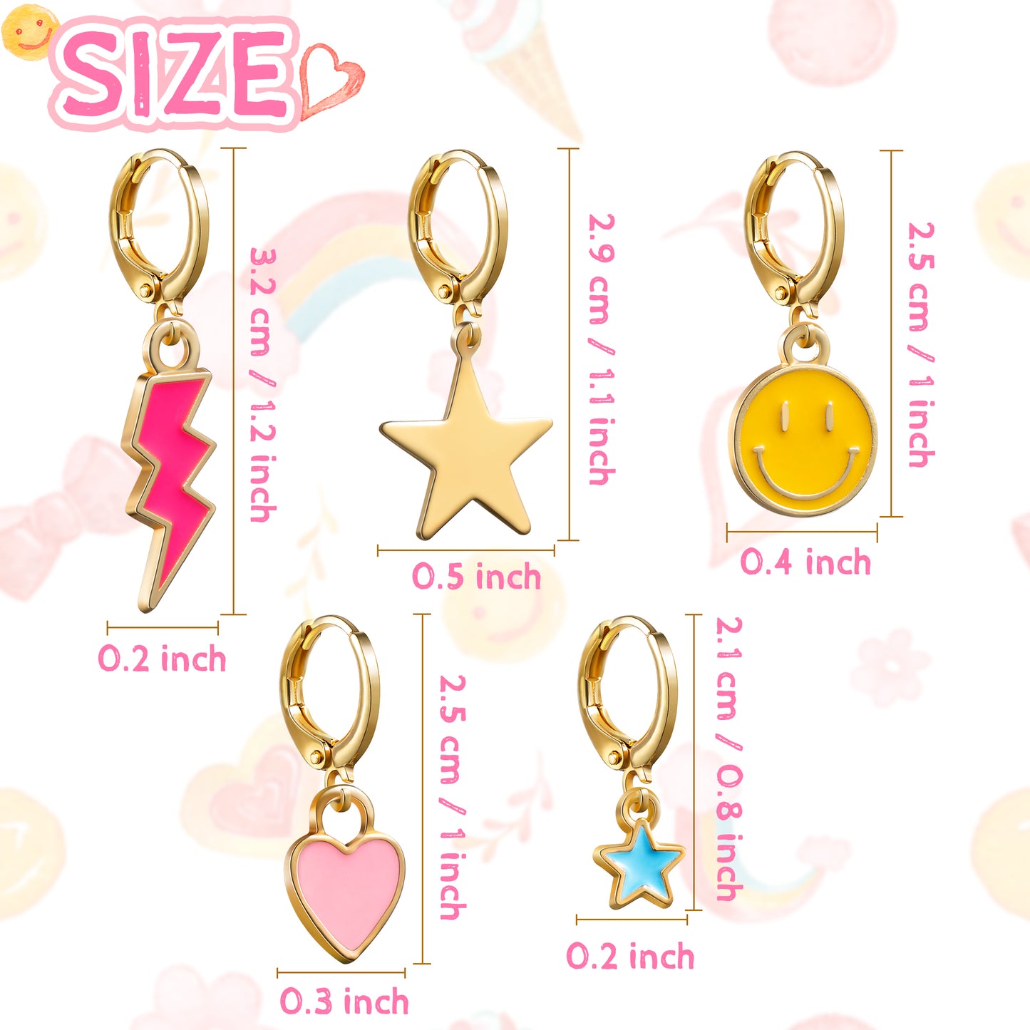 LieToi 9 Pairs Preppy Earrings Pack with Colorful Happy Smile Lightning Bolt Heart Star Charms Pendants Gold Small Huggie Hoop Dangle Earrings Trendy Y2K Preppy Jewelry Gifts for Teen Girls Women