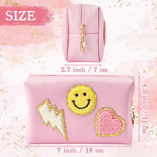 LieToi 2Pcs Preppy Patch Small Cosmetic Toiletry Bags Smile Rainbow Lightning Heart PU Leather Waterproof Portable Makeup Bag Daily Use Storage Purse Travel Organizer Compliant Bag (Pink, Shell White)