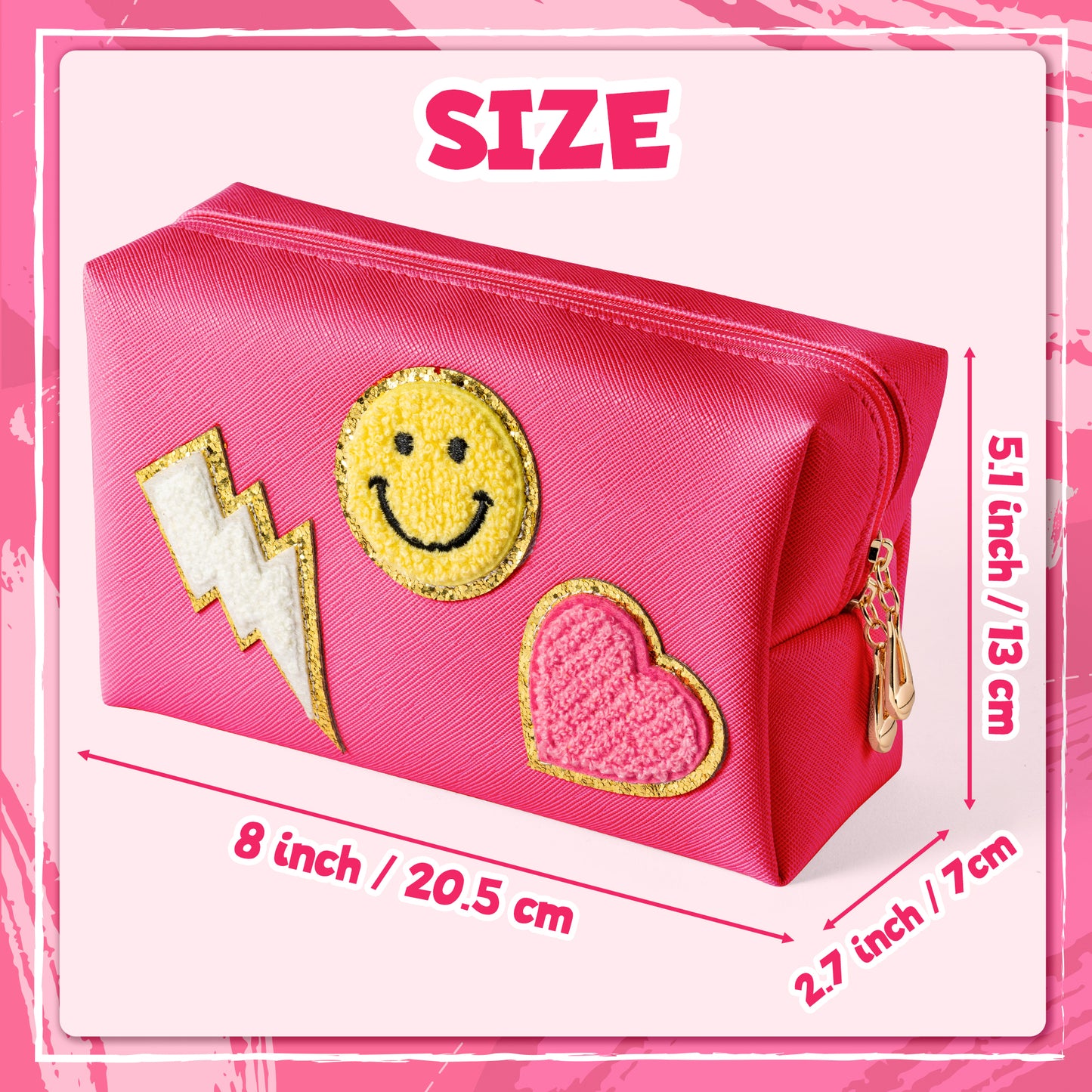 LieToi Preppy Patch Cosmetic Toiletry Bag, PU Leather Portable Waterproof Makeup Bag Smile Lightning Heart Organizer Compliant Bag Daily Travel Use Storage Purse for Women Girls (Large, Rose Red)