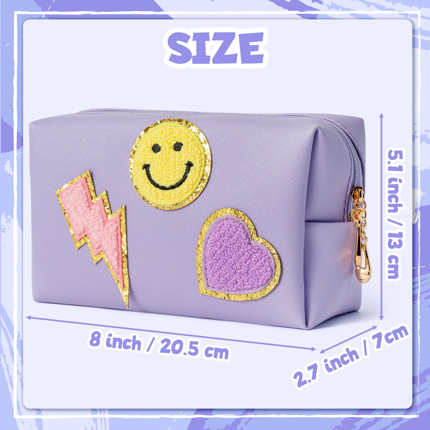 LieToi Preppy Patch Cosmetic Toiletry Bag, PU Leather Portable Waterproof Makeup Bag Smile Lightning Heart Organizer Compliant Bag Daily Travel Use Storage Purse for Women Girls (Large, Taro Purple)