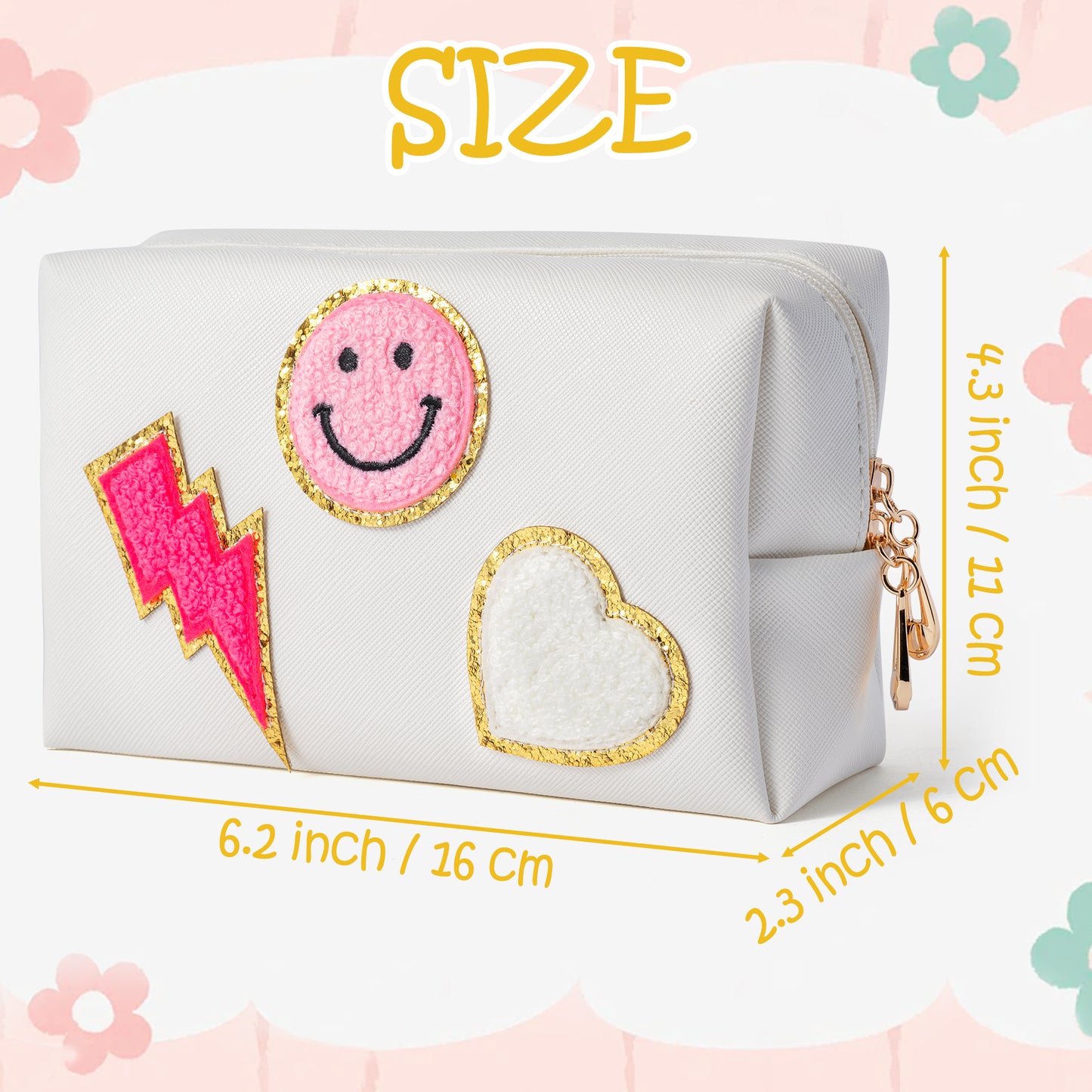 LieToi Preppy Patch Small Toiletry Bag, Smile Lightning Heart PU Leather Portable Waterproof Makeup Cosmetic Bag Daily Use Storage Purse Travel Organizer Compliant Bag for Women Girls Gift (White)