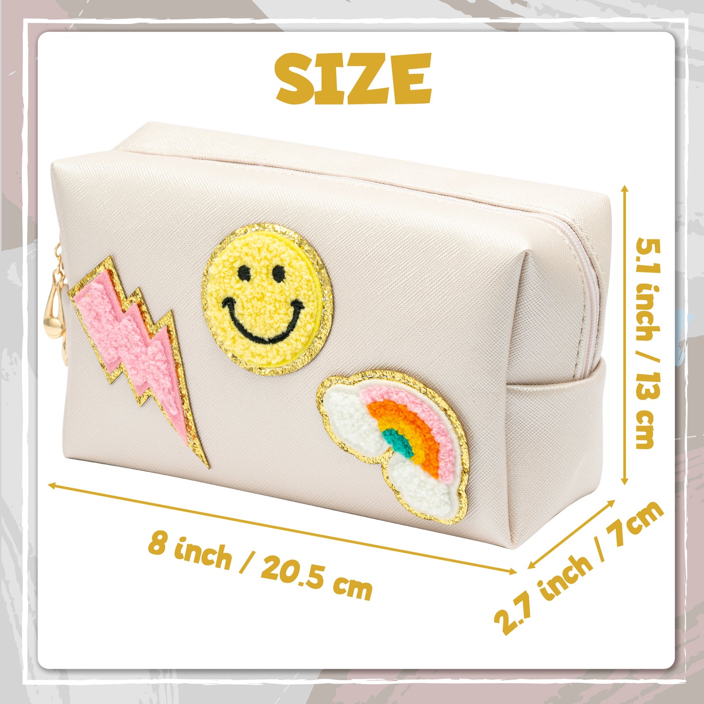 LieToi Preppy Patch Cosmetic Toiletry Bag, PU Leather Portable Waterproof Makeup Bag Smile Lightning Rainbow Organizer Compliant Bag Daily Travel Use Storage Purse for Women Girls (Large, Shell White)