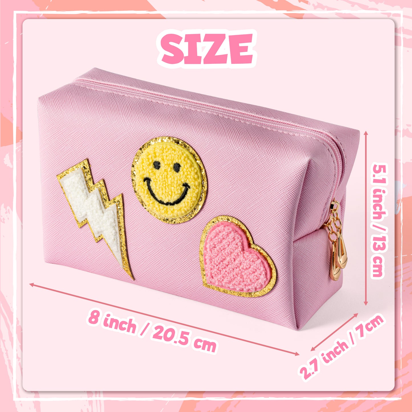 LieToi Preppy Patch Cosmetic Toiletry Bag, PU Leather Portable Waterproof Makeup Bag Smile Lightning Heart Organizer Compliant Bag Daily Travel Use Storage Purse for Women Girls (Large, Pink)