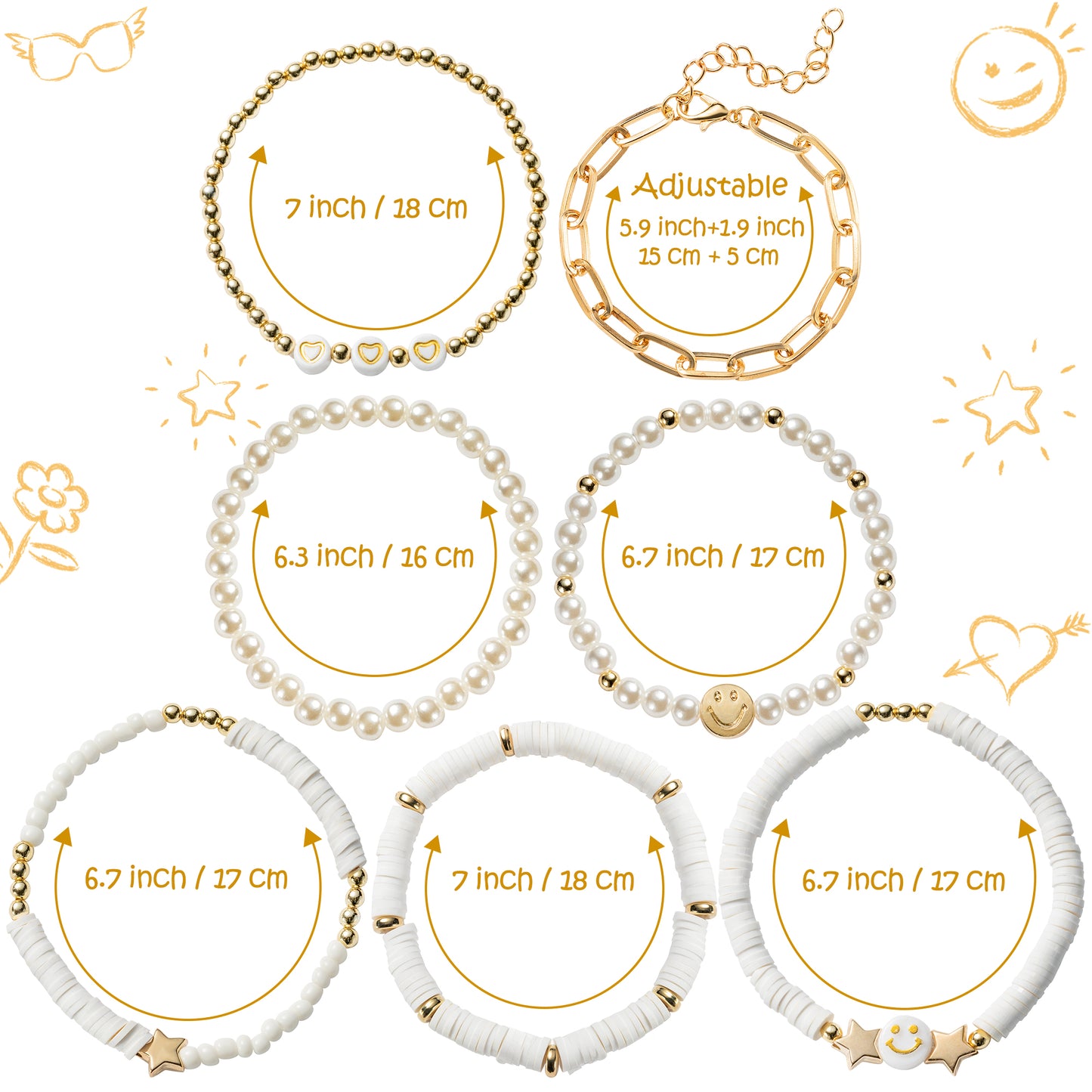 LieToi 7Pcs Preppy Heishi Bracelets Kit White Gold Smile Heart Star Beaded Surfer Bracelets Polymer Clay Pearl Stackable Disc Summer Beach Layering Bracelets Y2K Stretch Boho Jewelry for Women Girls
