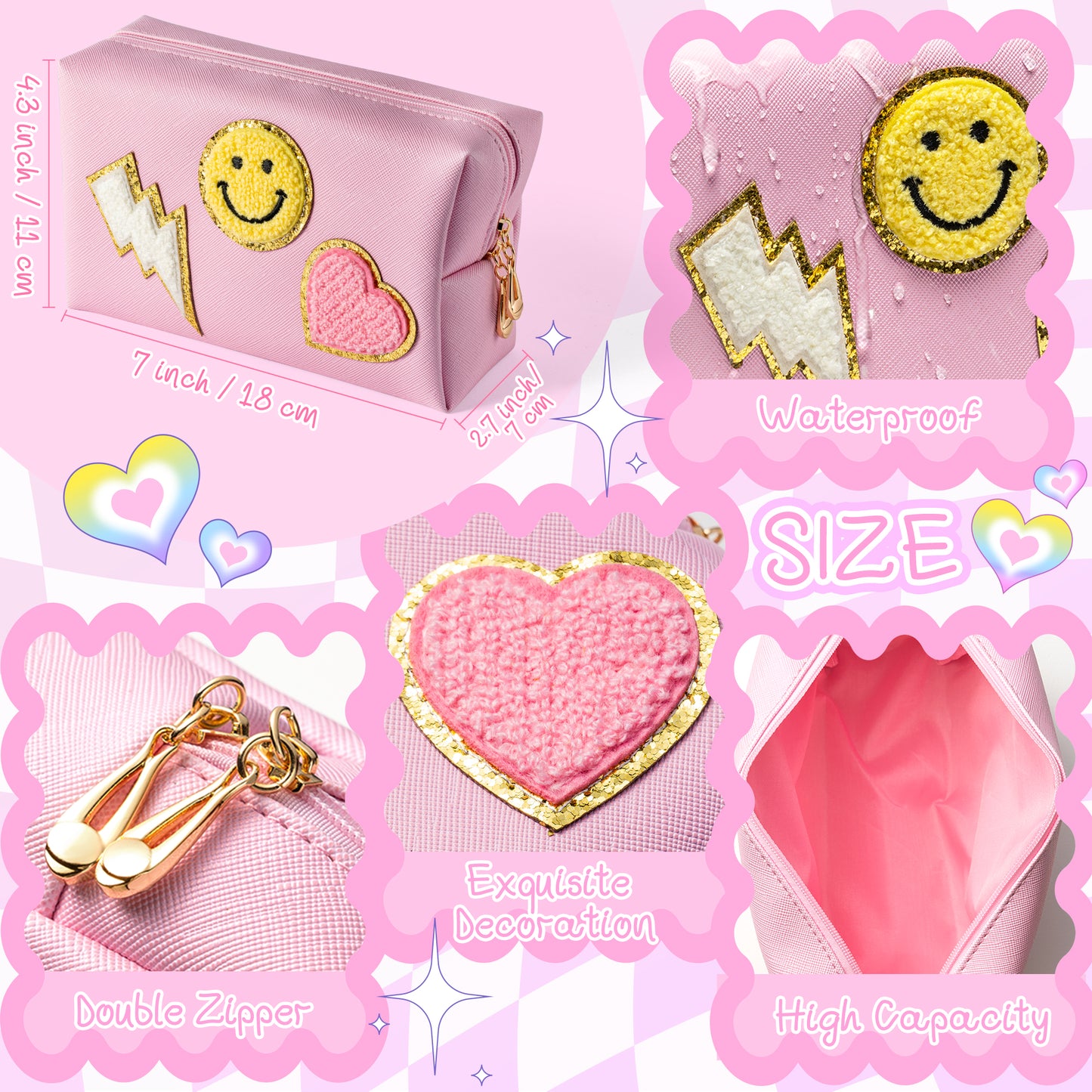 LieToi 64Pcs Preppy Stuff Set Smile Heart Patch Pink Toiletry Cosmetic Bag Heishi Surfer Bracelets Cute Small Hoop Dangle Earrings Aesthetic Preppy Style Stickers Decals Gifts for Girls Yourself