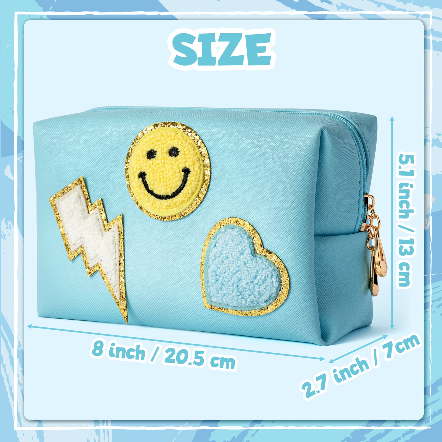 LieToi Preppy Patch Cosmetic Toiletry Bag, PU Leather Portable Waterproof Makeup Bag Smile Lightning Heart Organizer Compliant Bag Daily Travel Use Storage Purse for Women Girls (Large, Canal Blue)