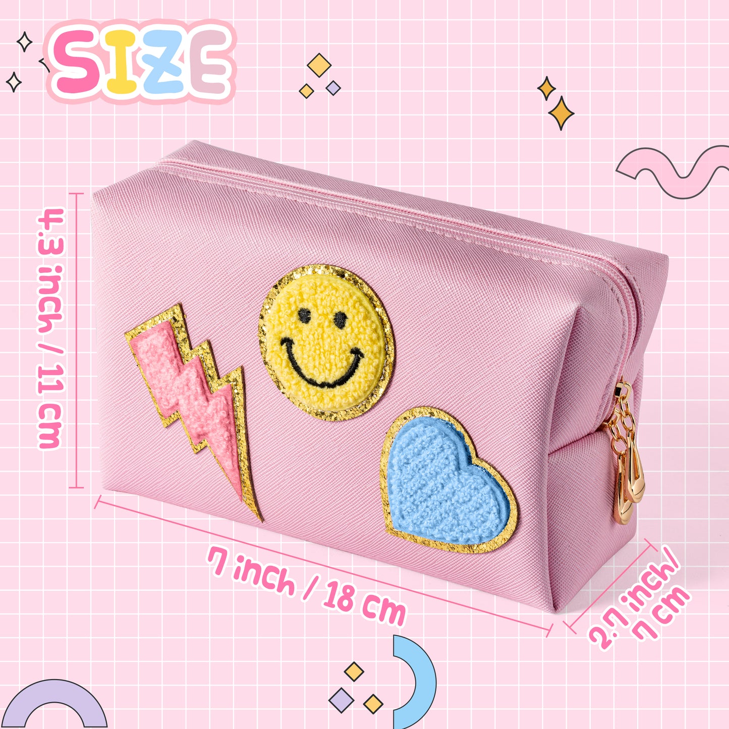 LieToi Preppy Patch Small Toiletry Bag, Smile Lightning Heart PU Leather Portable Waterproof Makeup Cosmetic Bag Daily Use Storage Purse Travel Organizer Compliant Bag for Women Girls (Blue Heart)