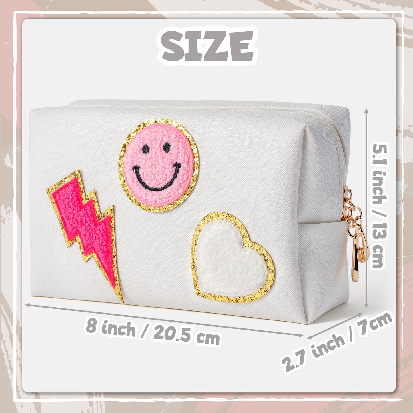 LieToi Preppy Patch Cosmetic Toiletry Bag, PU Leather Portable Waterproof Makeup Bag Smile Lightning Heart Organizer Compliant Bag Daily Travel Use Storage Purse for Women Girls (Large, White)