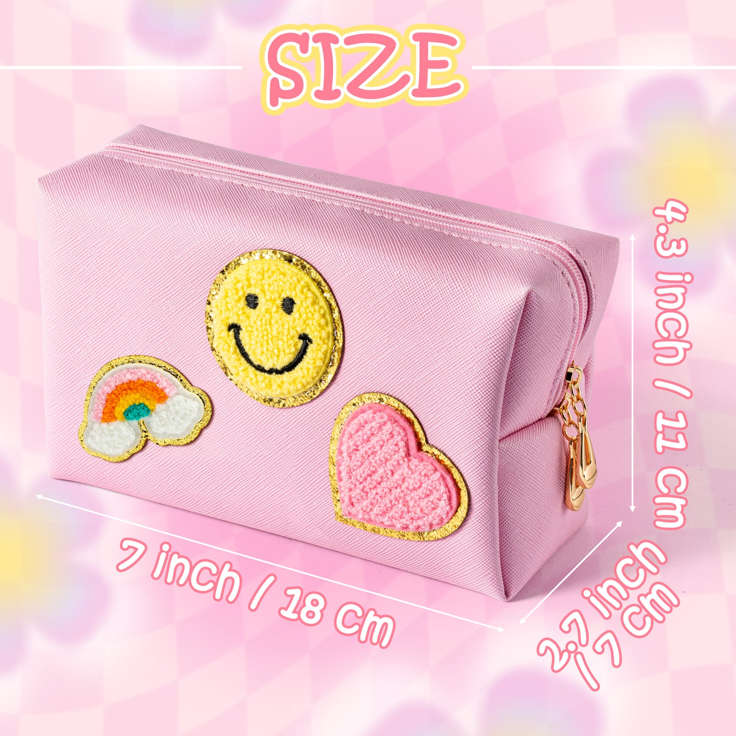 LieToi Preppy Patch Small Toiletry Bag, Smile Rainbow Heart PU Leather Portable Waterproof Makeup Cosmetic Bag Daily Use Storage Purse Travel Organizer Compliant Bag for Women Girls (Light Pink)