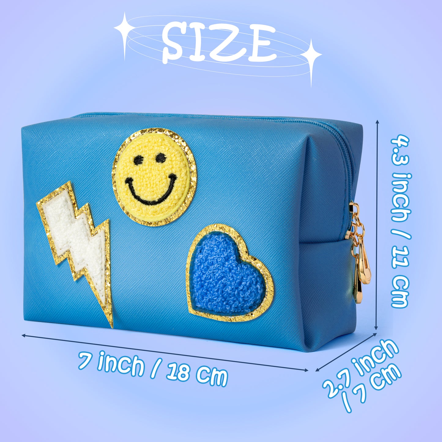 LieToi Preppy Patch Small Toiletry Bag, Smile Lightning Heart PU Leather Portable Waterproof Makeup Cosmetic Bag Daily Use Storage Purse Travel Organizer Compliant Bag for Women Girls (Bright Blue)