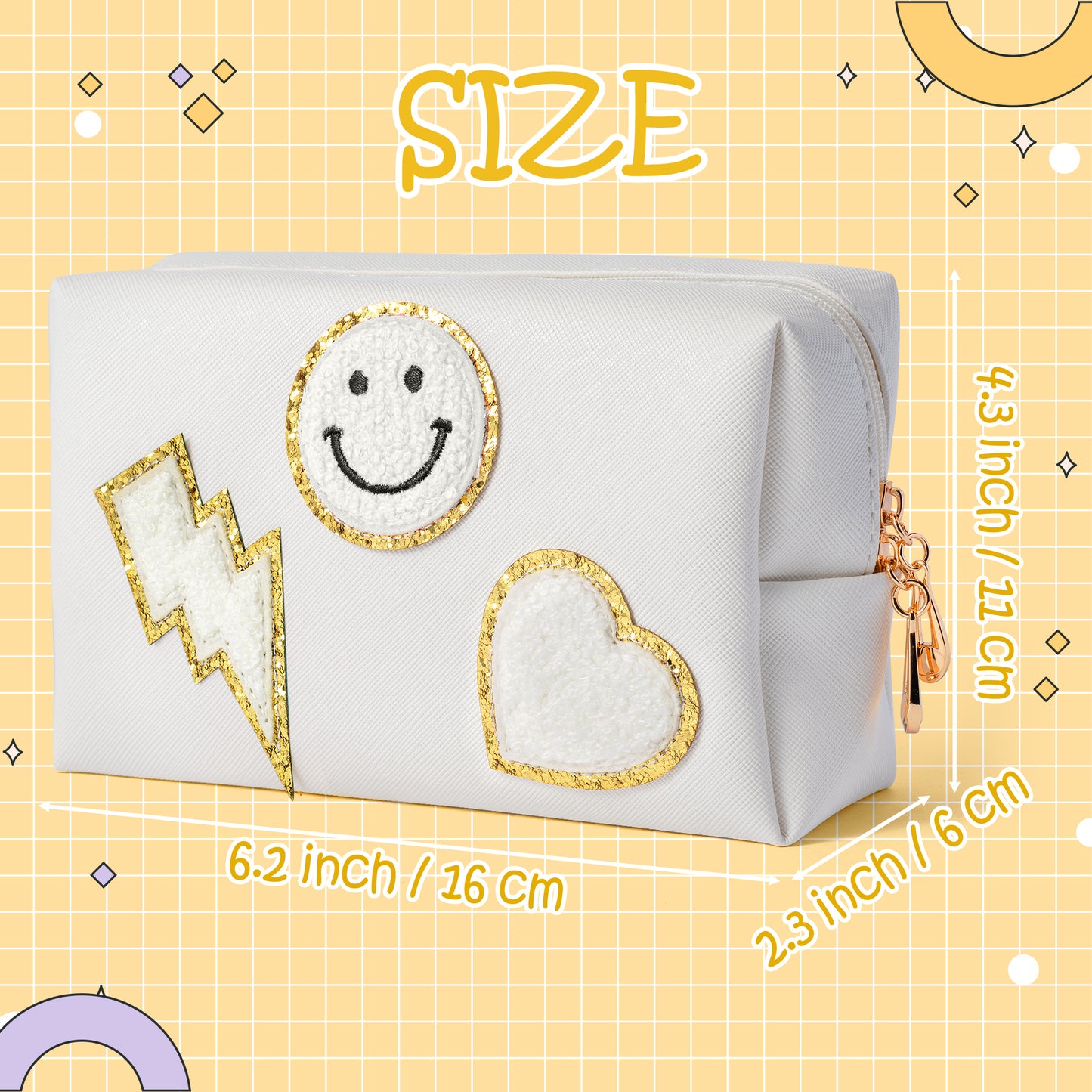 LieToi Preppy Patch Small Toiletry Bag, Smile Lightning Heart PU Leather Portable Waterproof Makeup Cosmetic Bag Daily Use Storage Purse Travel Organizer Compliant Bag for Women Girls (Pure White)