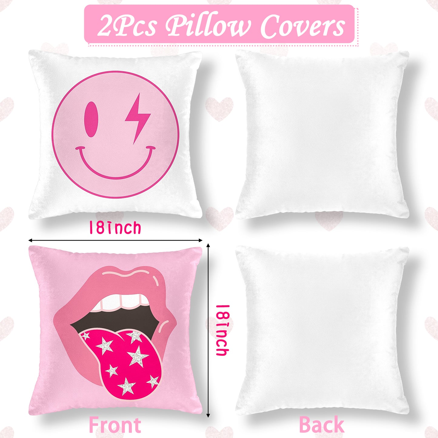 LieToi 2Pcs Preppy Velvet Pillow Covers Soft Hot Pink and White Square Cushion Case Covers Printed with Smile Lip Pattern Room Aesthetic Decor Pillow Cases for Dormitory Sofa Home Car 18 x 18 Inch