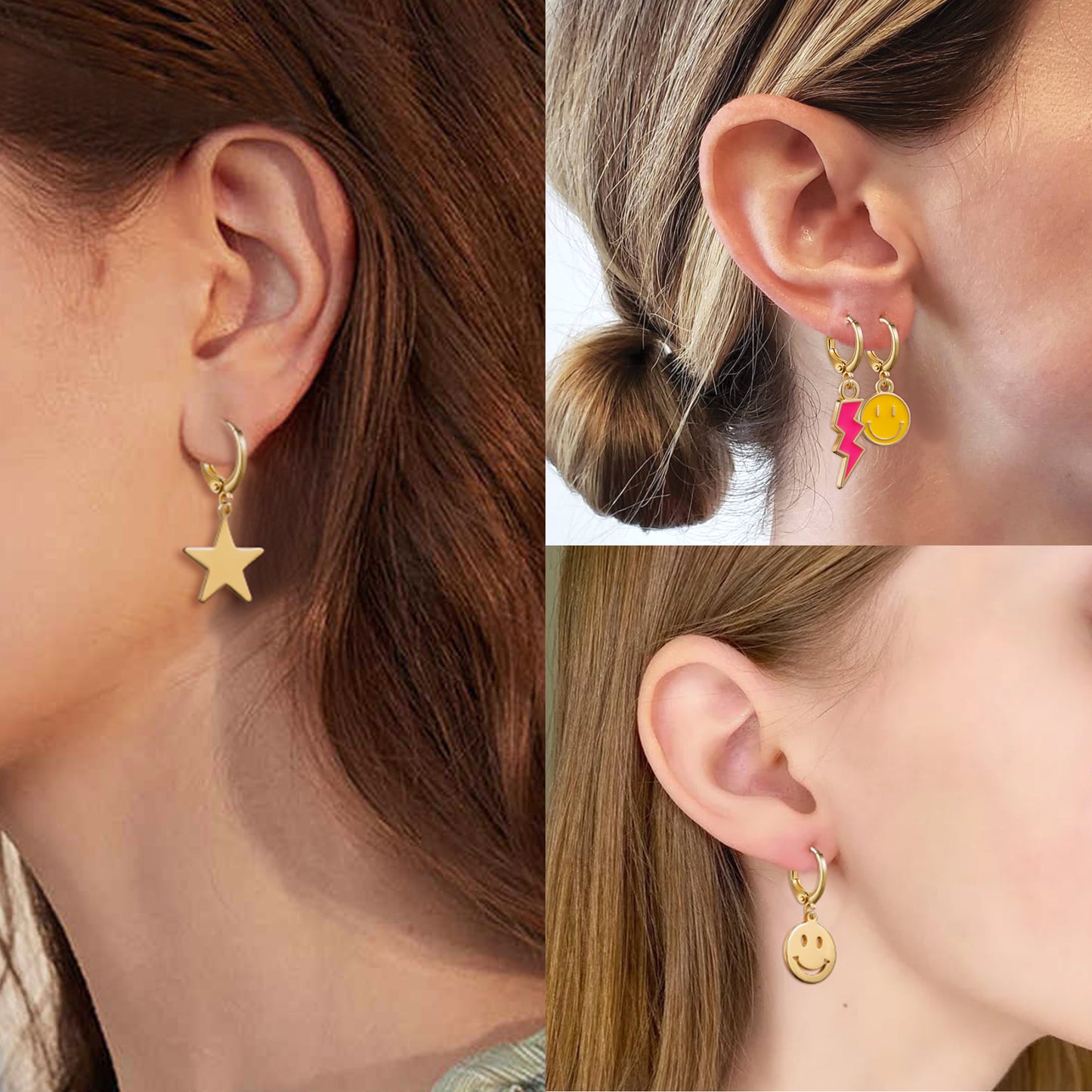 LieToi 9 Pairs Preppy Earrings Pack with Colorful Happy Smile Lightning Bolt Heart Star Charms Pendants Gold Small Huggie Hoop Dangle Earrings Trendy Y2K Preppy Jewelry Gifts for Teen Girls Women