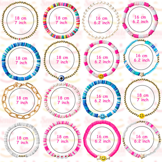 LieToi 16Pcs Preppy Heishi Bracelets Set Colorful Smile Heart Star Evil Eye Beaded Polymer Clay Pearl Stackable Charm Y2K Kidcore Summer Beach Bohemian Layering Bracelets Jewelry for Women Girls Teens