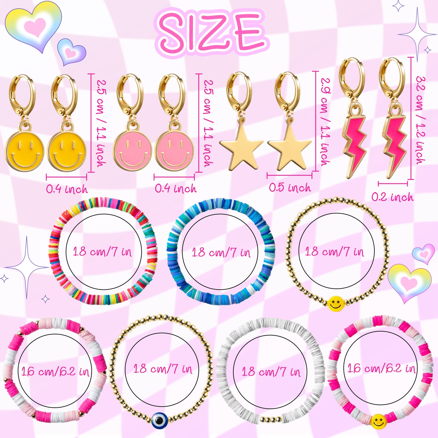 LieToi 64Pcs Preppy Stuff Set Smile Heart Patch Pink Toiletry Cosmetic Bag Heishi Surfer Bracelets Cute Small Hoop Dangle Earrings Aesthetic Preppy Style Stickers Decals Gifts for Girls Yourself