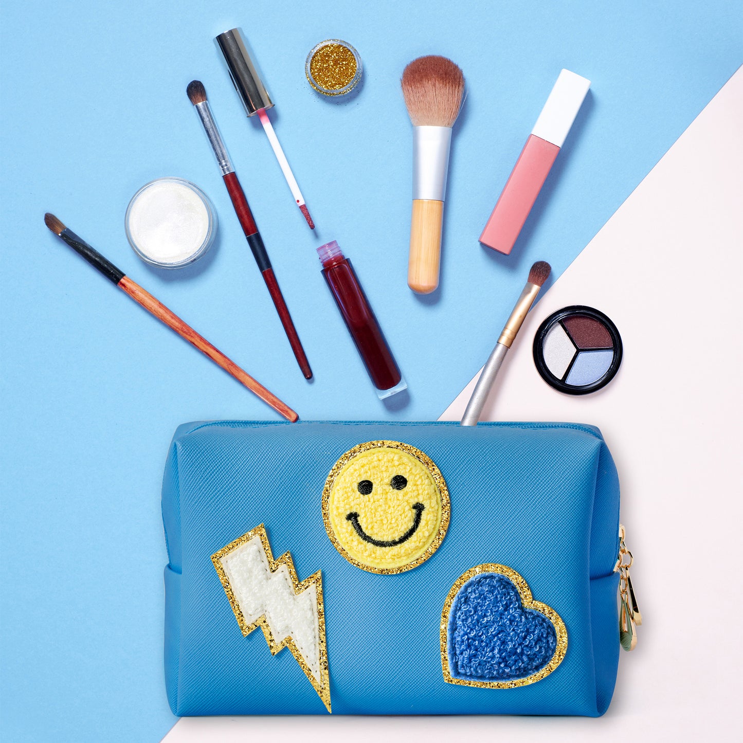 LieToi Preppy Patch Small Toiletry Bag, Smile Lightning Heart PU Leather Portable Waterproof Makeup Cosmetic Bag Daily Use Storage Purse Travel Organizer Compliant Bag for Women Girls (Bright Blue)