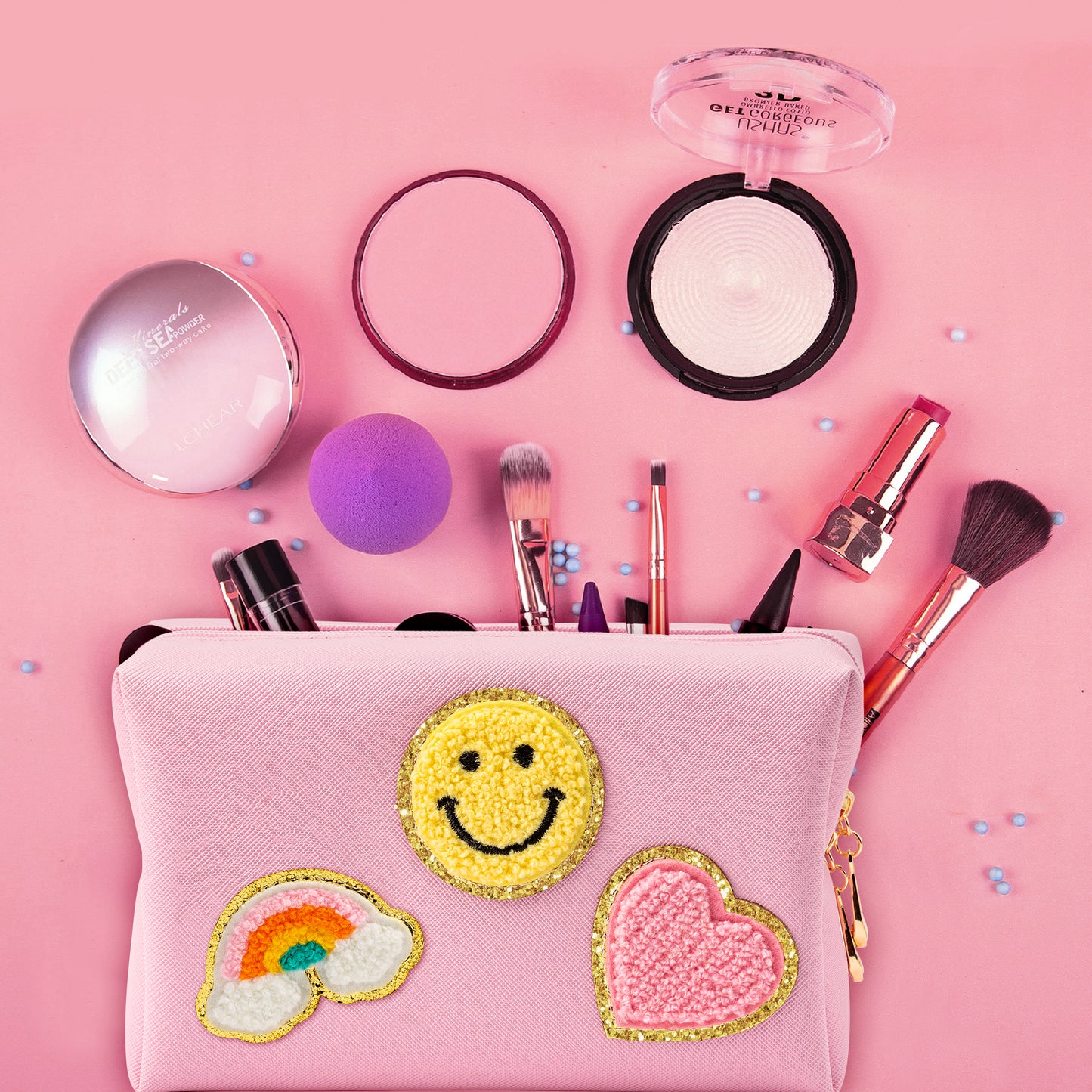 LieToi Preppy Patch Small Toiletry Bag, Smile Rainbow Heart PU Leather Portable Waterproof Makeup Cosmetic Bag Daily Use Storage Purse Travel Organizer Compliant Bag for Women Girls (Light Pink)