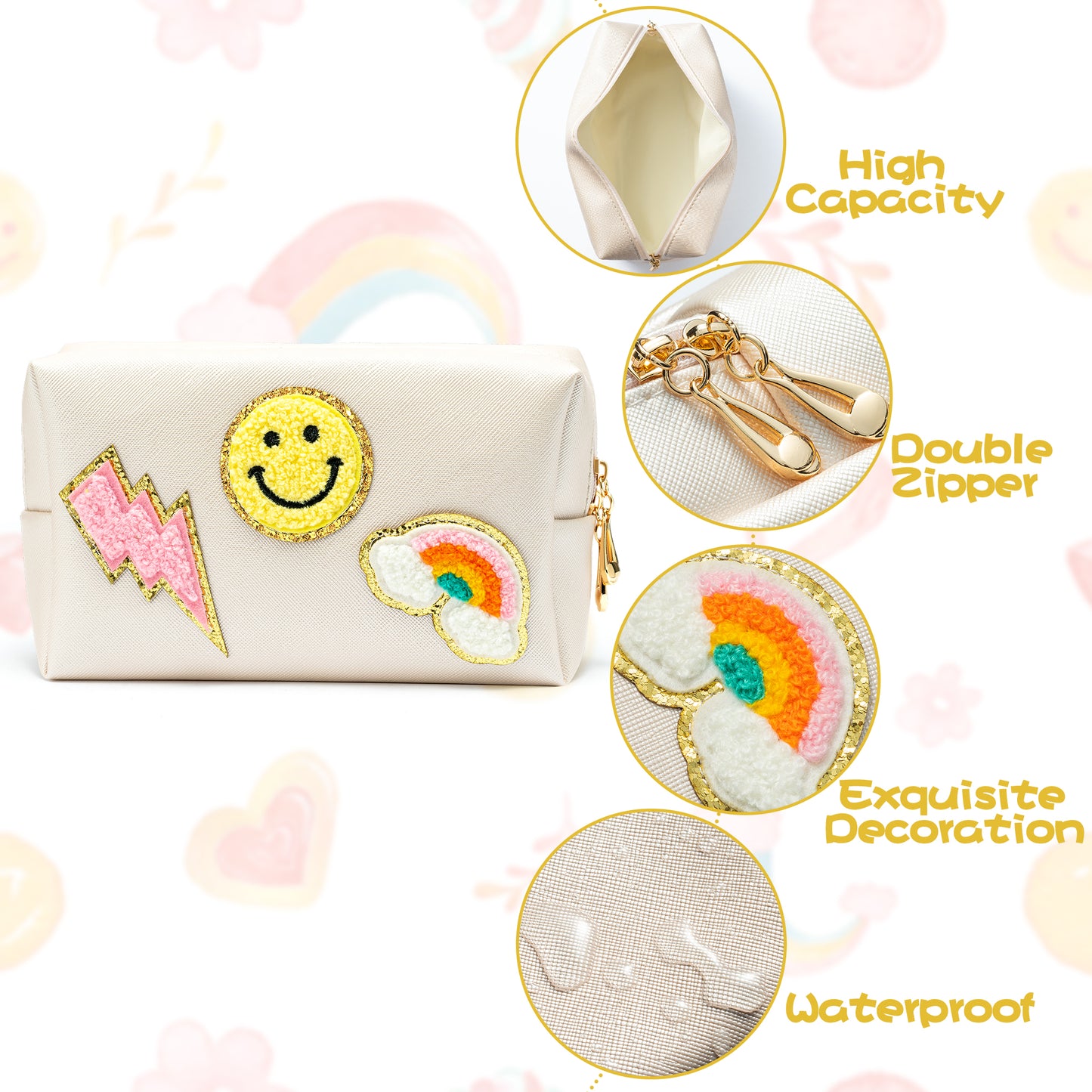 LieToi Preppy Patch Small Cosmetic Toiletry Bag Smile Rainbow Lightning PU Leather Waterproof Portable Cosmetic Makeup Bag Travel Organizer Pouch for Toiletries Storage Women Girls Gift (Shell White)