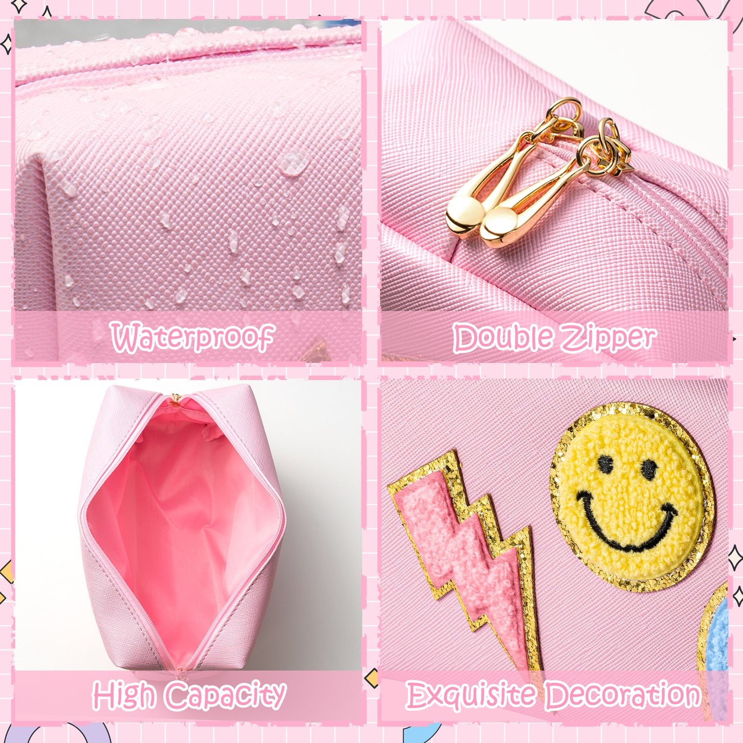 LieToi Preppy Patch Small Toiletry Bag, Smile Lightning Heart PU Leather Portable Waterproof Makeup Cosmetic Bag Daily Use Storage Purse Travel Organizer Compliant Bag for Women Girls (Blue Heart)