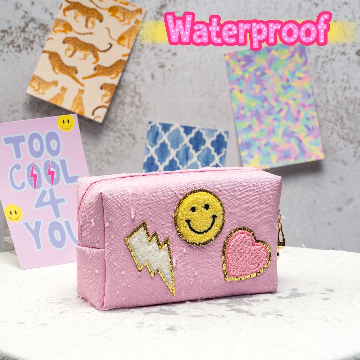 LieToi Preppy Patch Small Toiletry Bag Smile Lightning Heart PU Leather Portable Waterproof Makeup Cosmetic Bag Daily Use Storage Purse Travel Organizer Compliant Bag for Women Girls Gift (Pink)