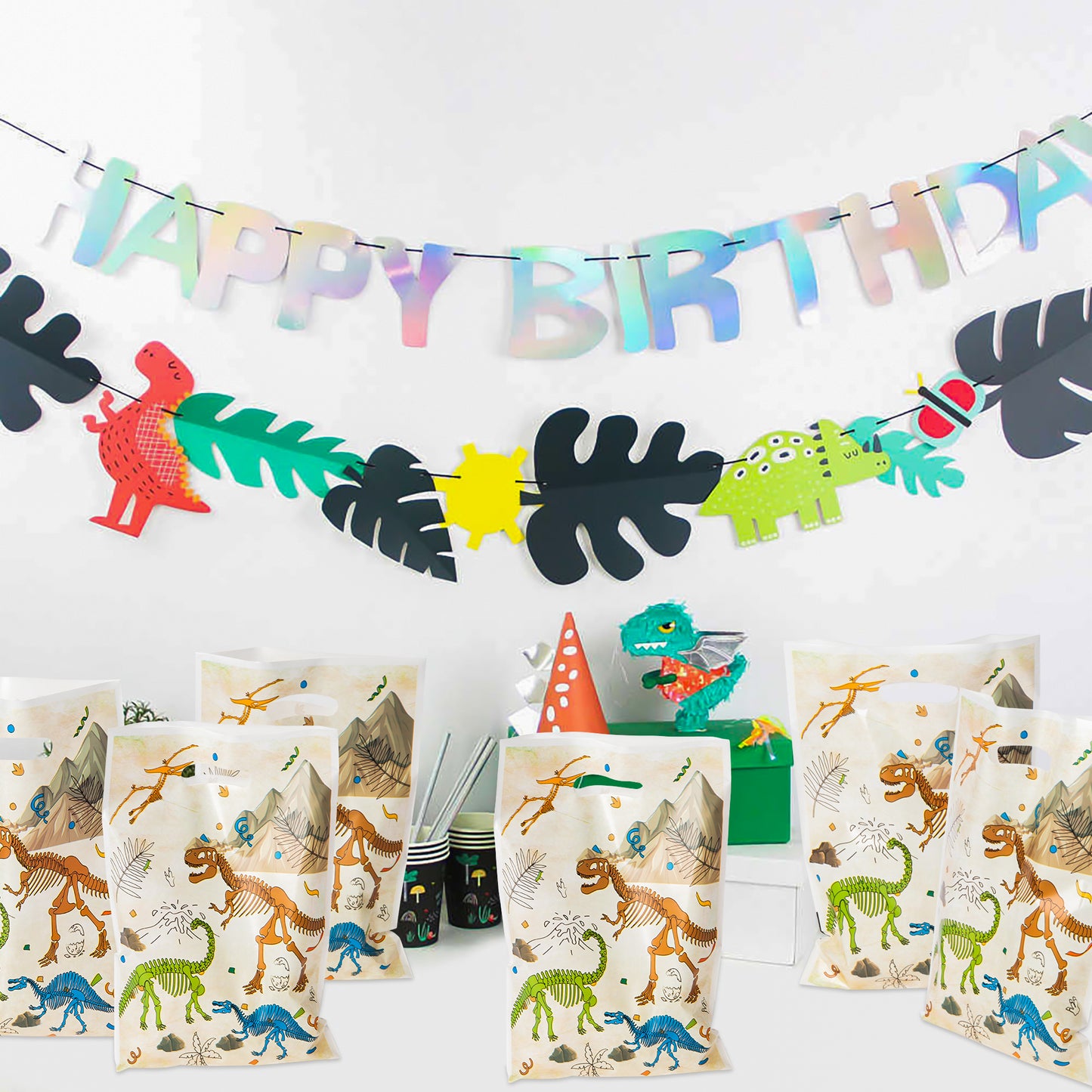LieToi 50Pcs Dinosaur Fossil Party Favor Bags Roar Treat Candy Bags Little Dino Themed Plastic Goodie Bag T-Rex Jungle Gift Bags Party Decorations Supplies for Boys Girls Kids Birthday Baby Shower