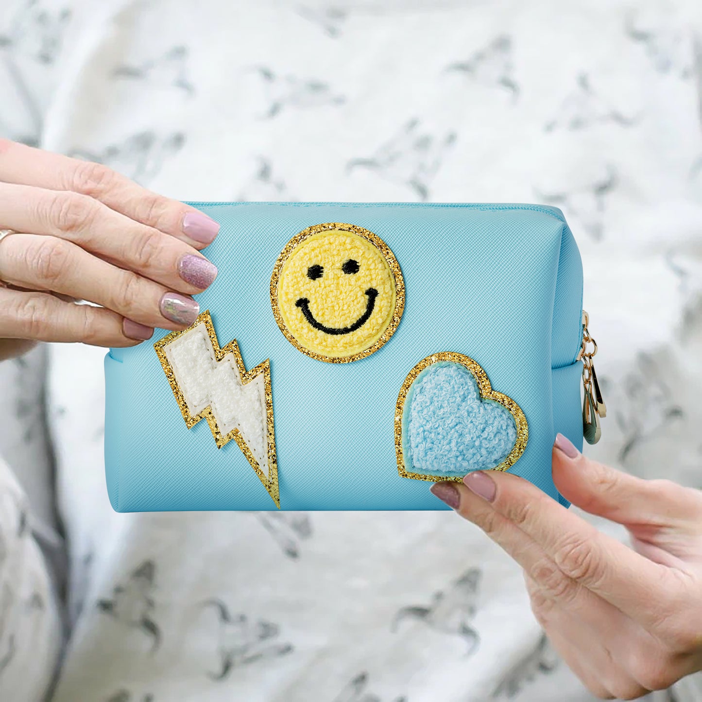LieToi Preppy Patch Small Toiletry Bag, Smile Lightning Heart PU Leather Portable Waterproof Makeup Cosmetic Bag Daily Use Storage Purse Travel Organizer Compliant Bag for Women Girls (Canal Blue)