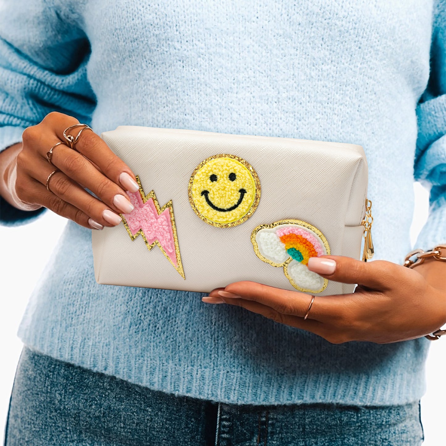 LieToi Preppy Patch Small Cosmetic Toiletry Bag Smile Rainbow Lightning PU Leather Waterproof Portable Cosmetic Makeup Bag Travel Organizer Pouch for Toiletries Storage Women Girls Gift (Shell White)