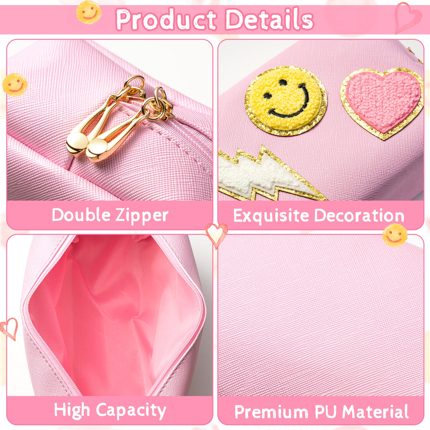 LieToi Preppy Patch Small Toiletry Bag Smile Lightning Heart PU Leather Portable Waterproof Makeup Cosmetic Bag Daily Use Storage Purse Travel Organizer Compliant Bag for Women Girls Gift (Pink)