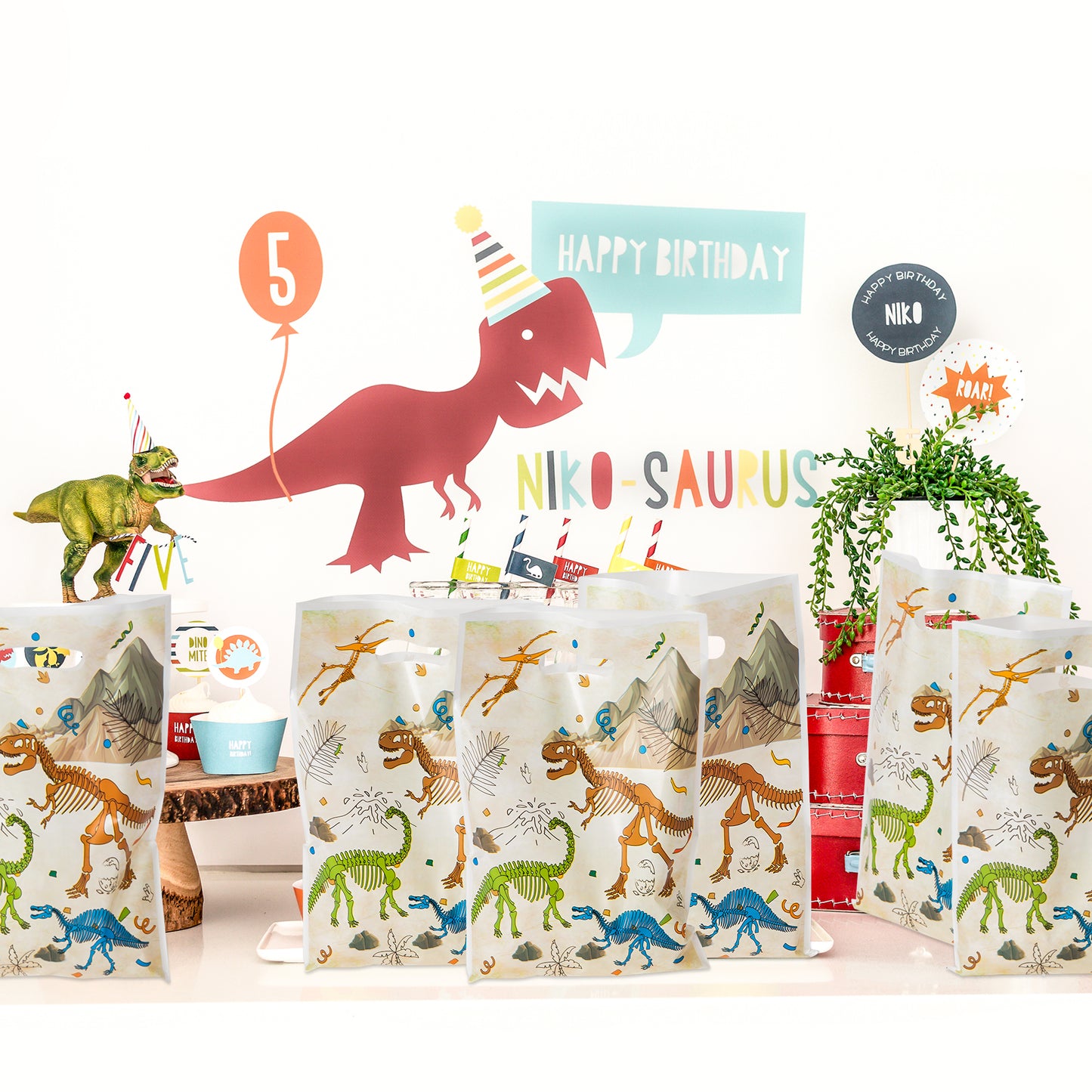 LieToi 50Pcs Dinosaur Fossil Party Favor Bags Roar Treat Candy Bags Little Dino Themed Plastic Goodie Bag T-Rex Jungle Gift Bags Party Decorations Supplies for Boys Girls Kids Birthday Baby Shower