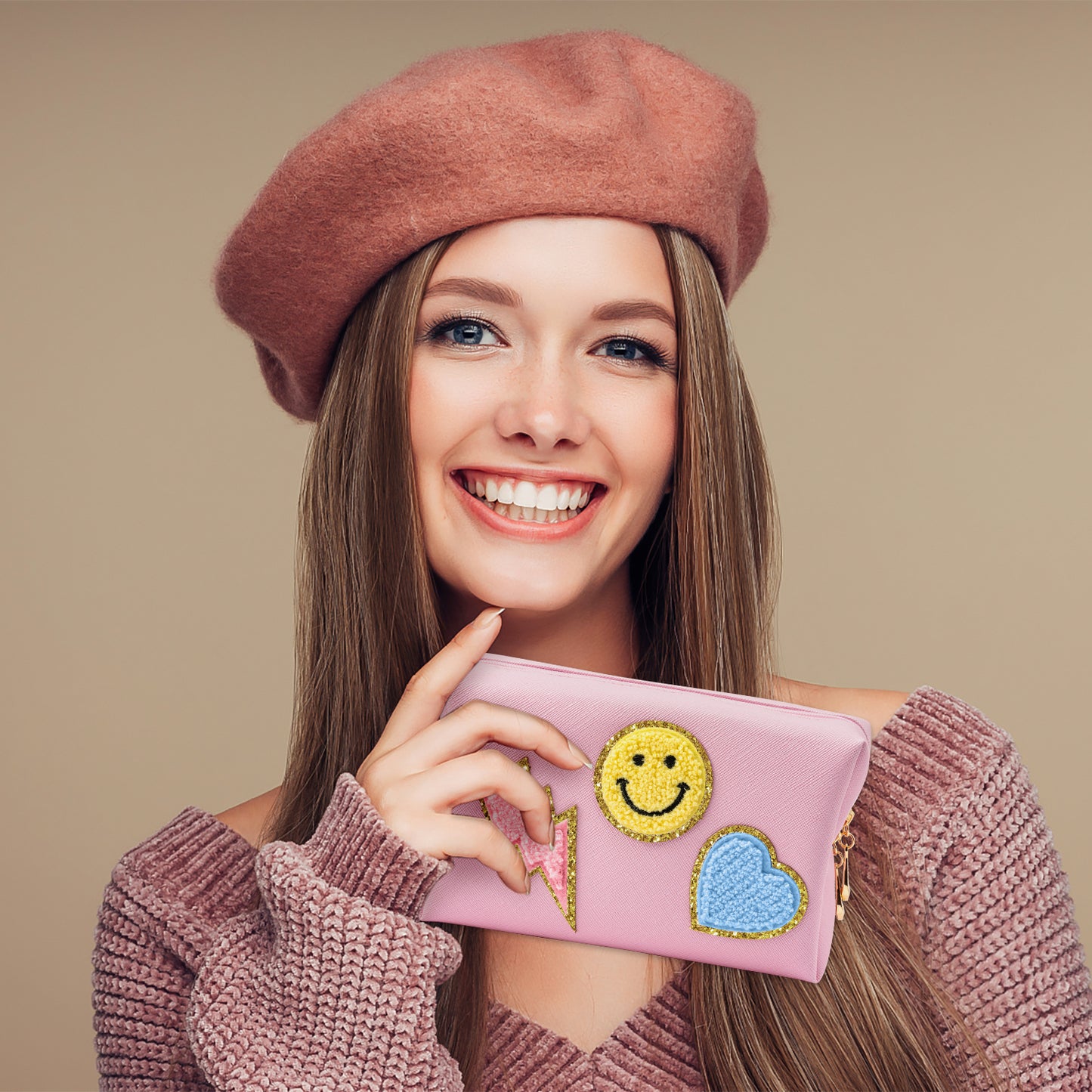 LieToi Preppy Patch Small Toiletry Bag, Smile Lightning Heart PU Leather Portable Waterproof Makeup Cosmetic Bag Daily Use Storage Purse Travel Organizer Compliant Bag for Women Girls (Blue Heart)