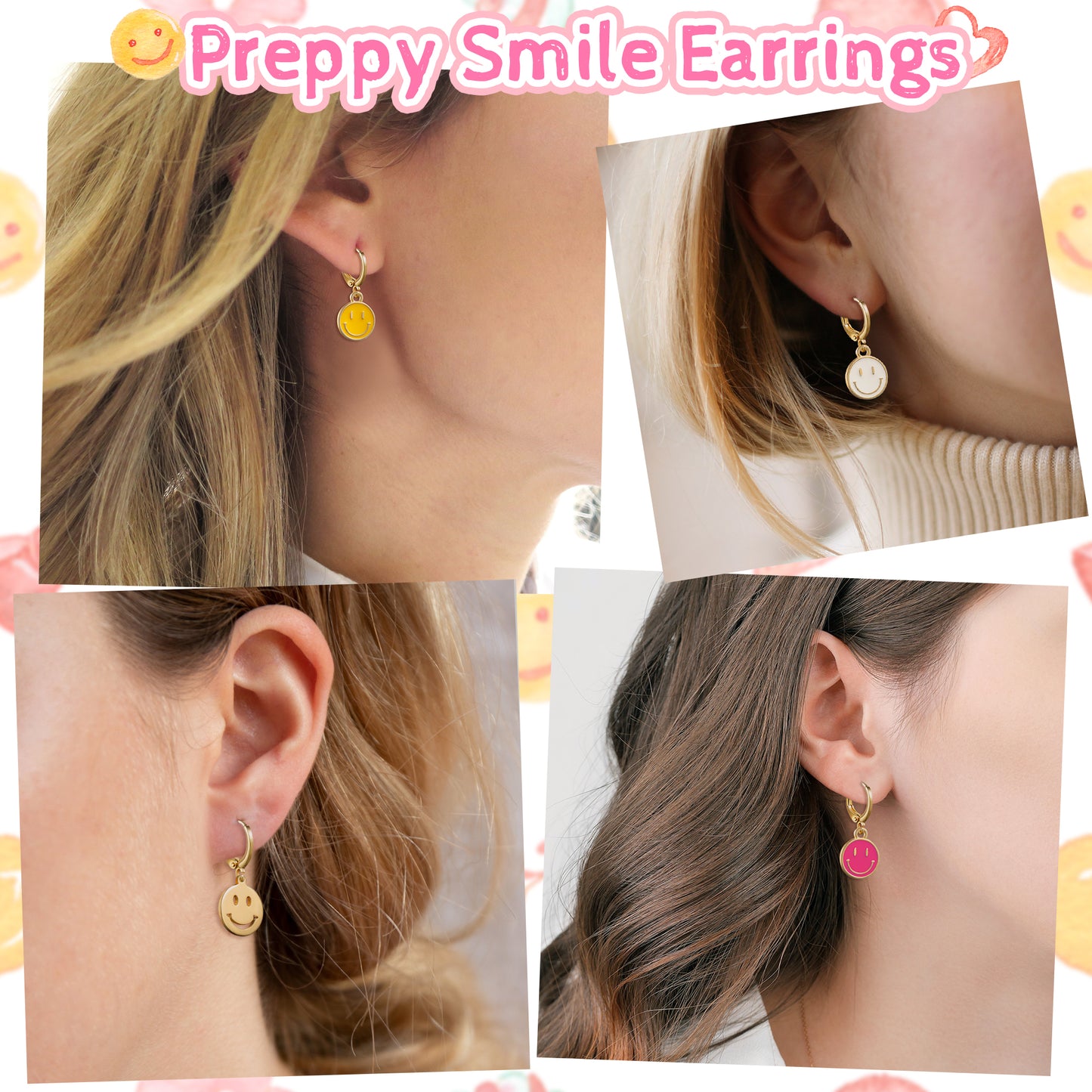 LieToi 9 Pairs Preppy Earrings Pack with Colorful Happy Smile Lightning Bolt Heart Star Charms Pendants Gold Small Huggie Hoop Dangle Earrings Trendy Y2K Preppy Jewelry Gifts for Teen Girls Women