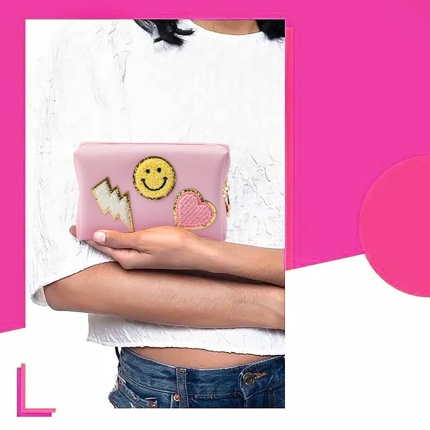 LieToi Preppy Patch Small Toiletry Bag Smile Lightning Heart PU Leather Portable Waterproof Makeup Cosmetic Bag Daily Use Storage Purse Travel Organizer Compliant Bag for Women Girls Gift (Pink)