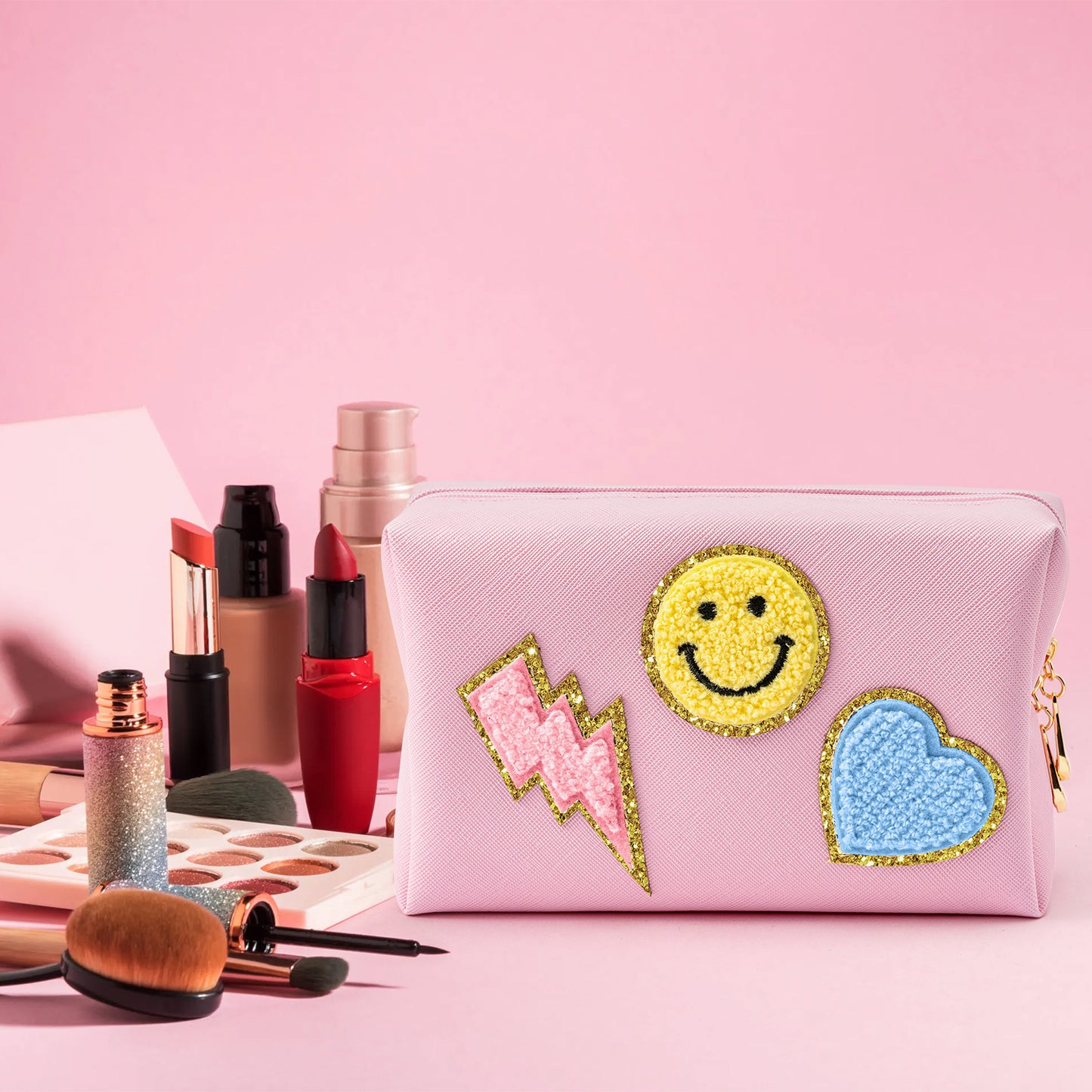 LieToi Preppy Patch Small Toiletry Bag, Smile Lightning Heart PU Leather Portable Waterproof Makeup Cosmetic Bag Daily Use Storage Purse Travel Organizer Compliant Bag for Women Girls (Blue Heart)