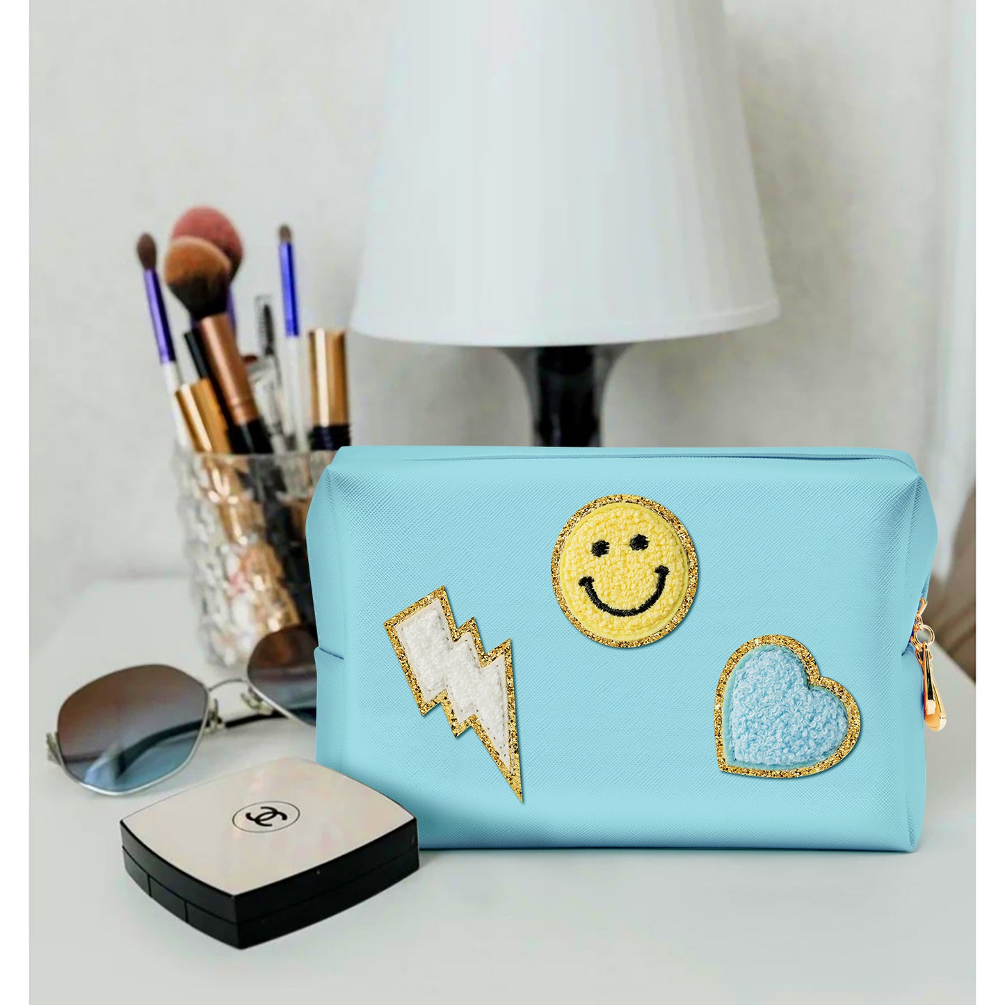 LieToi Preppy Patch Cosmetic Toiletry Bag, PU Leather Portable Waterproof Makeup Bag Smile Lightning Heart Organizer Compliant Bag Daily Travel Use Storage Purse for Women Girls (Large, Canal Blue)