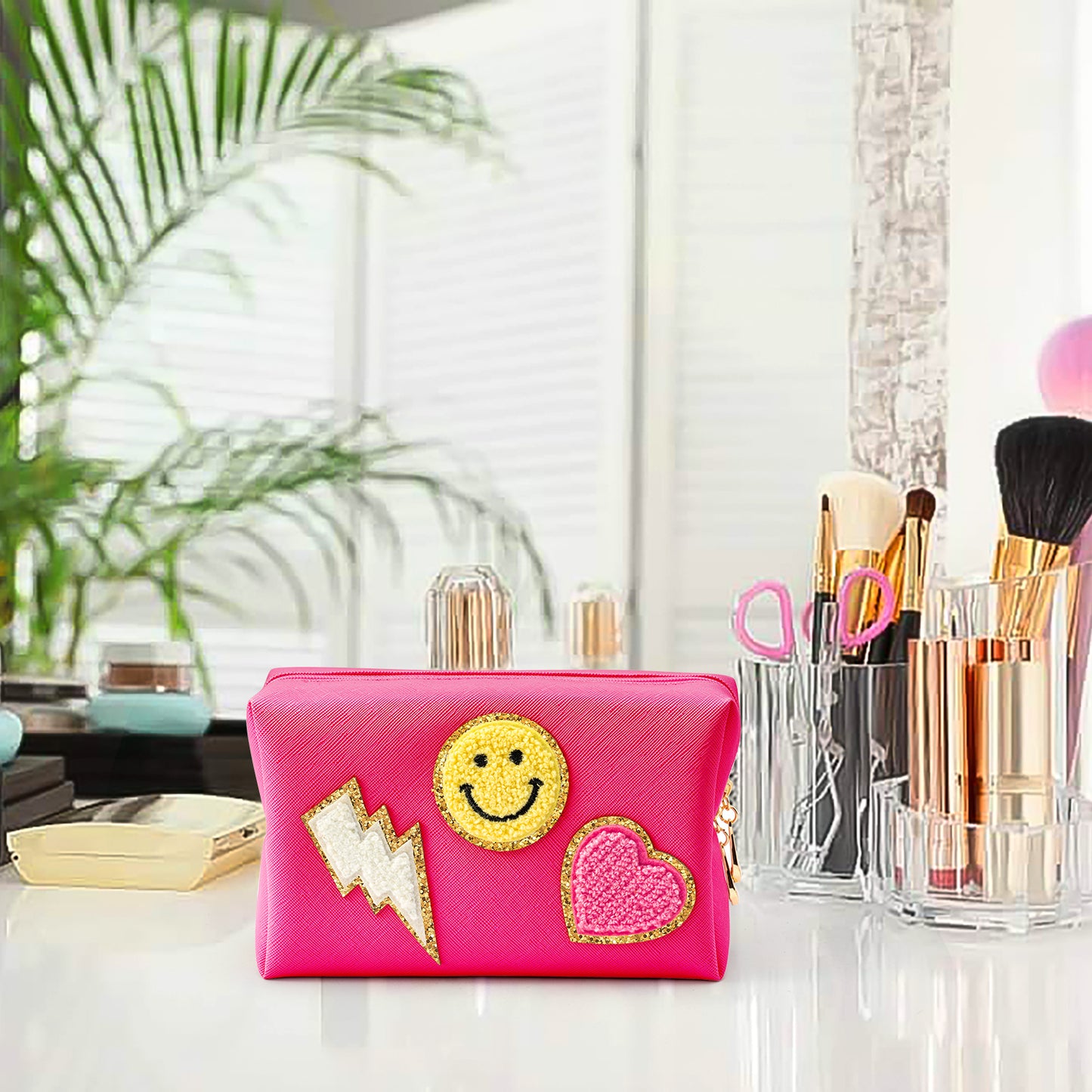 LieToi Preppy Patch Small Toiletry Bag, Smile Lightning Heart PU Leather Portable Waterproof Makeup Cosmetic Bag Daily Use Storage Purse Travel Organizer Compliant Bag for Women Girls Gift (Rose Red)