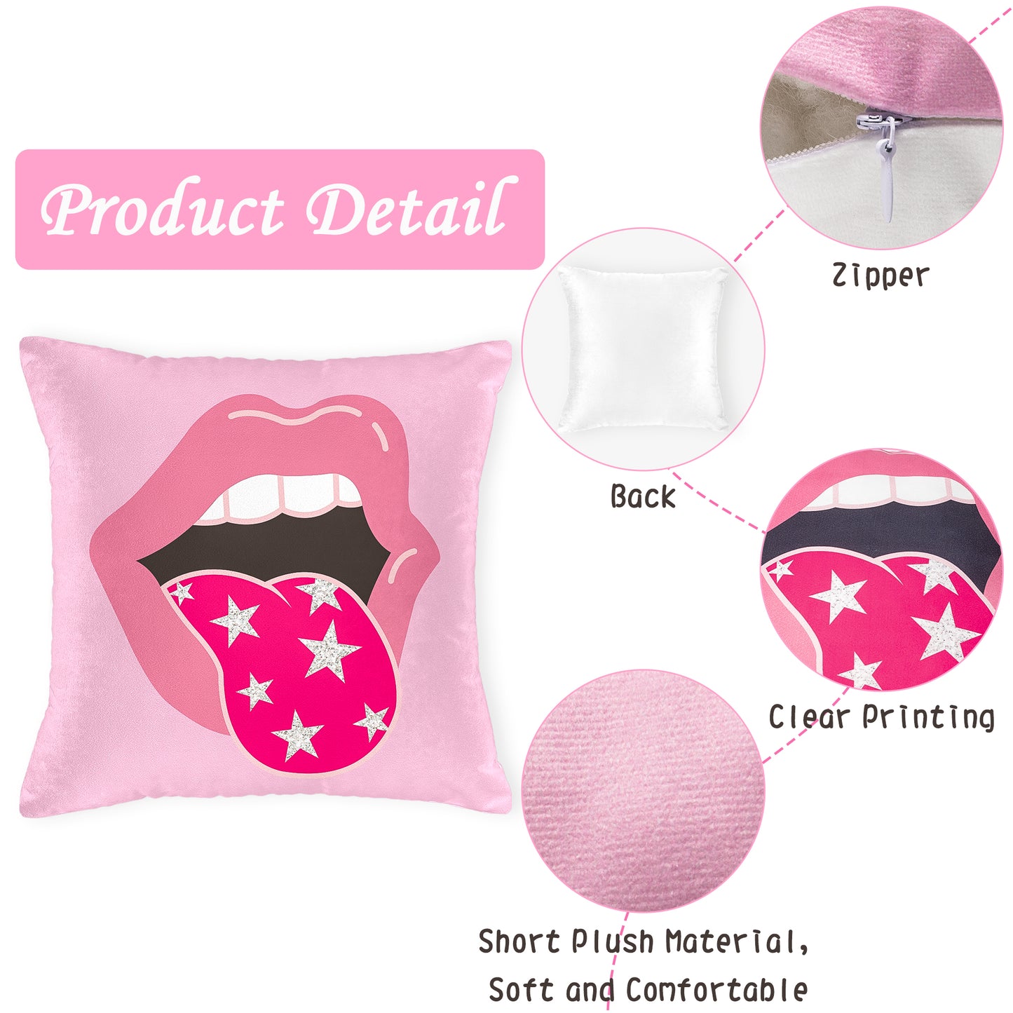 LieToi 2Pcs Preppy Velvet Pillow Covers Soft Hot Pink and White Square Cushion Case Covers Printed with Smile Lip Pattern Room Aesthetic Decor Pillow Cases for Dormitory Sofa Home Car 18 x 18 Inch