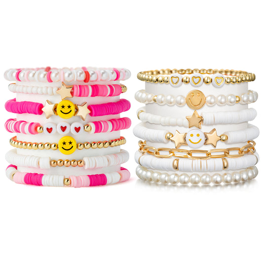 LieToi 14Pcs Preppy Heishi Bracelets Kit Hot Pink and White Gold Smile Heart Star Beaded Surfer Bracelets Polymer Clay Pearl Stackable Disc Summer Beach Layering Bracelets Y2K Kidcore Stretch Jewelry