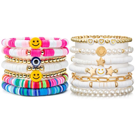 LieToi 14Pcs Preppy Heishi Bracelets Kit Mixed Color and White Smile Evil Eye Heart Star Beaded Surfer Bracelets Polymer Clay Pearl Stackable Disc Summer Beach Layering Bracelets Y2K Boho Jewelry