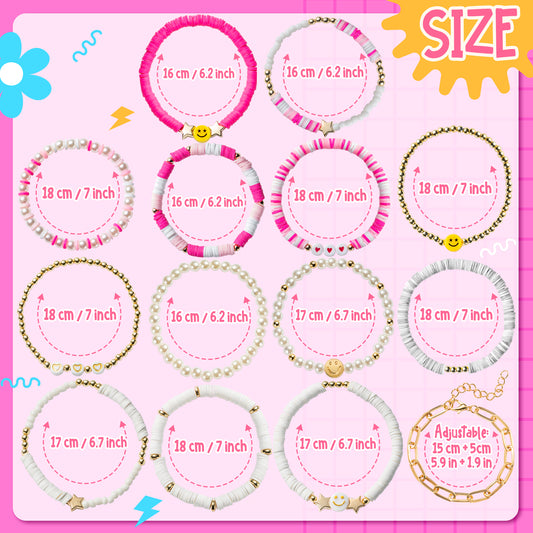 LieToi 14Pcs Preppy Heishi Bracelets Kit Hot Pink and White Gold Smile Heart Star Beaded Surfer Bracelets Polymer Clay Pearl Stackable Disc Summer Beach Layering Bracelets Y2K Kidcore Stretch Jewelry