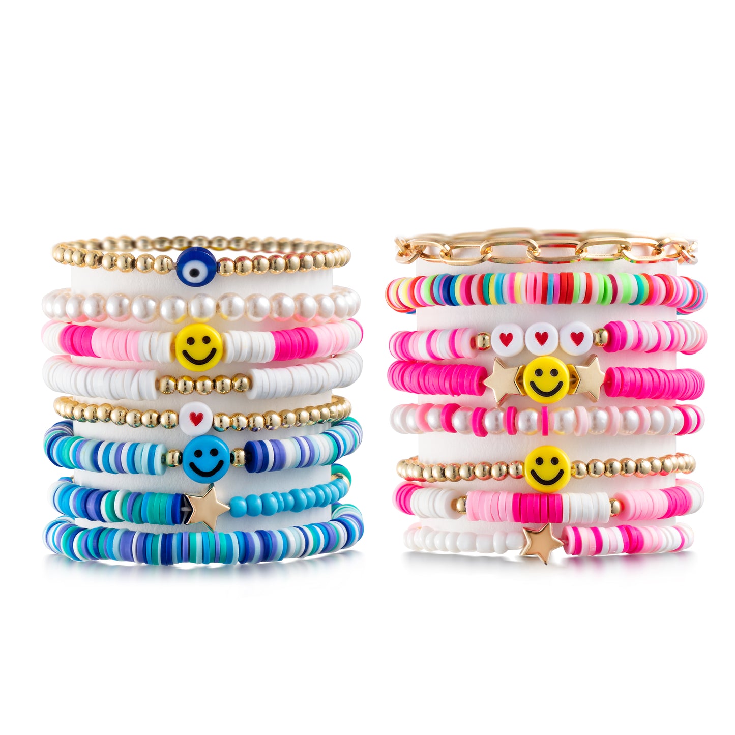 Boutique Jewelry | 20 Pcs Preppy Heishi Bracelets Colorful White Gold Smile Heart Star Evil Eye Bea | Color: Blue/Pink | Size: Os | Elalyco's Closet