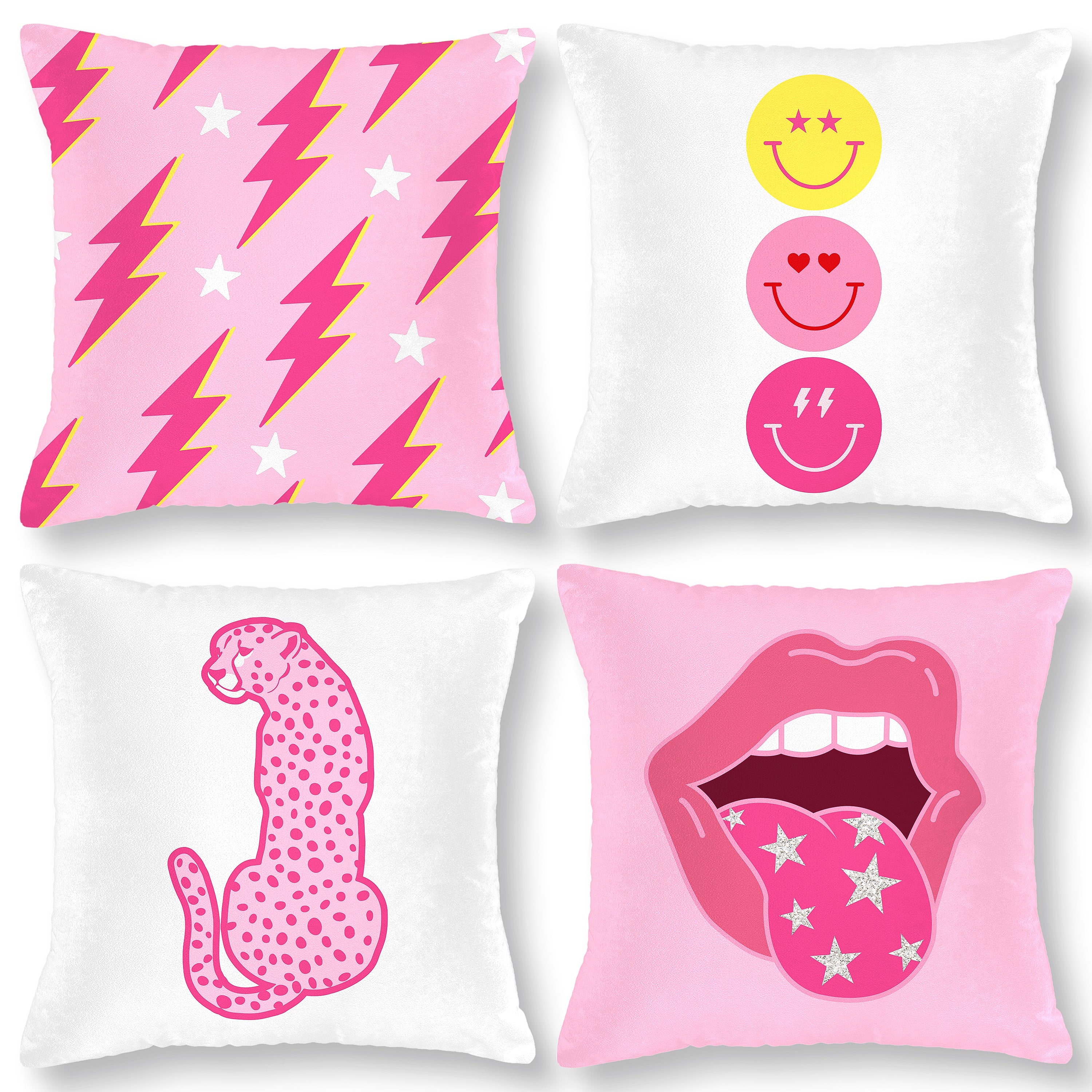 LieToi 4Pcs Preppy Velvet Pillow Covers Soft Hot Pink and White Square