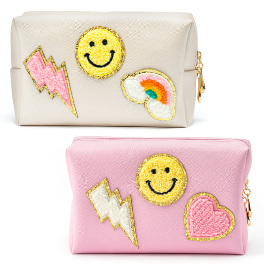 LieToi 2Pcs Preppy Patch Small Cosmetic Toiletry Bags Smile Rainbow Lightning Heart PU Leather Waterproof Portable Makeup Bag Daily Use Storage Purse Travel Organizer Compliant Bag (Pink, Shell White)