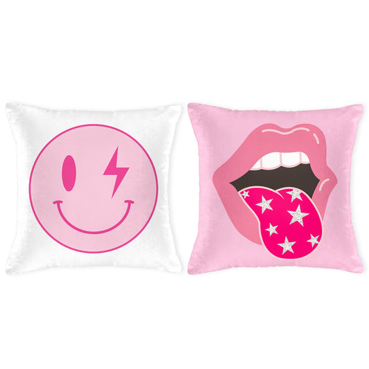 LieToi 2Pcs Preppy Velvet Pillow Covers Soft Hot Pink and White Square Cushion Case Covers Printed with Smile Lip Pattern Room Aesthetic Decor Pillow Cases for Dormitory Sofa Home Car 18 x 18 Inch